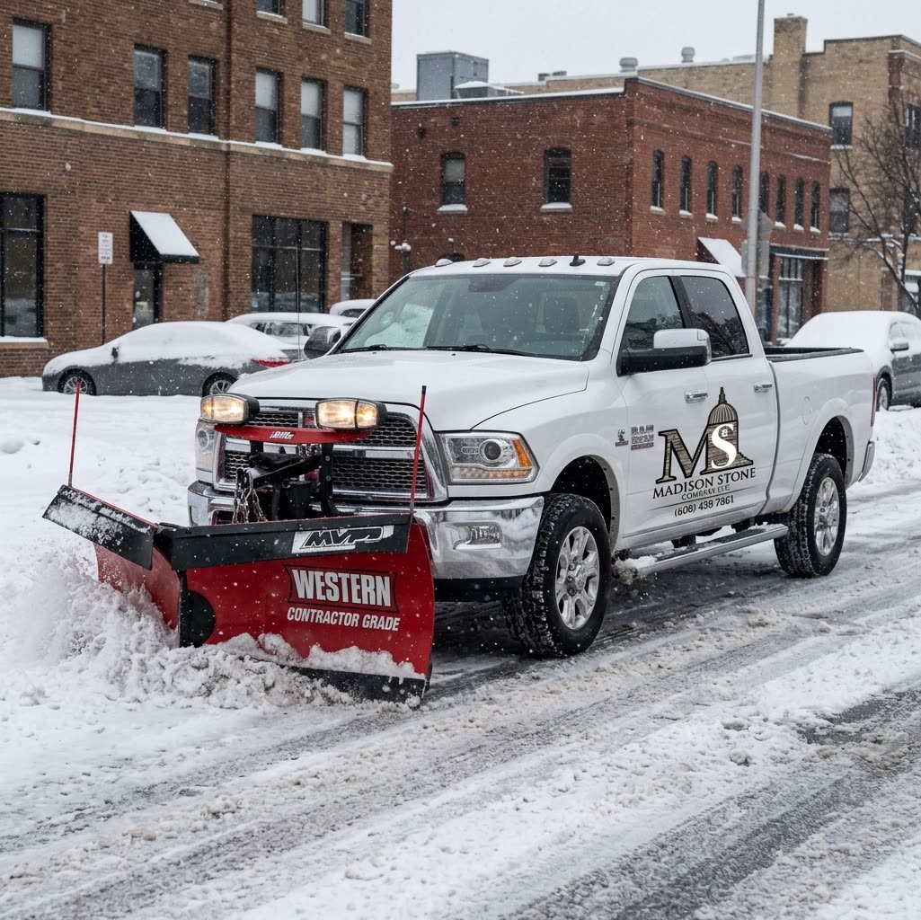 Madison Stone Company snow plow truck clearing a street in winter